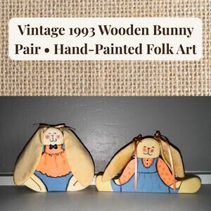 Vintage 1993 Hand-Painted Wooden Bunny Pair | Folk Art Rabbits with Fabric Ears